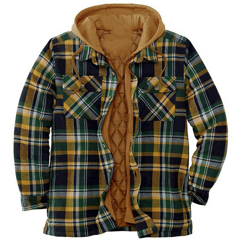 Ready to ship American and European men's cotton jacket winter plaid jacket long sleeve hooded cotton thickened loose false two-piece Hoodie jackets