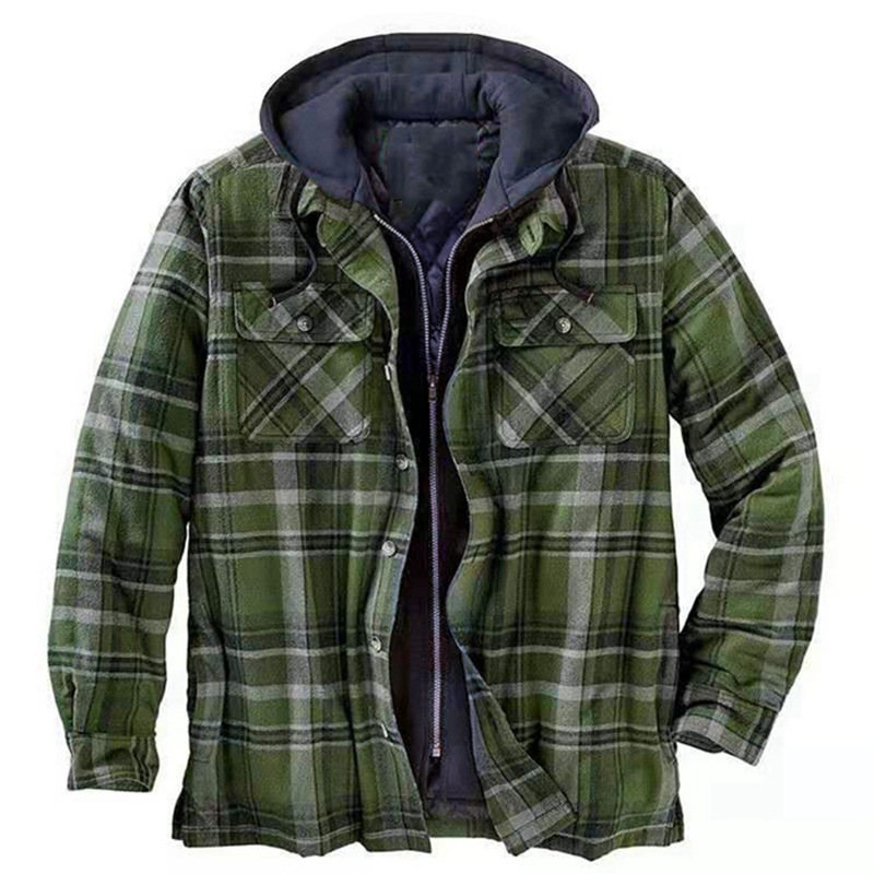 Ready to ship American and European men's cotton jacket winter plaid jacket long sleeve hooded cotton thickened loose false two-piece Hoodie jackets