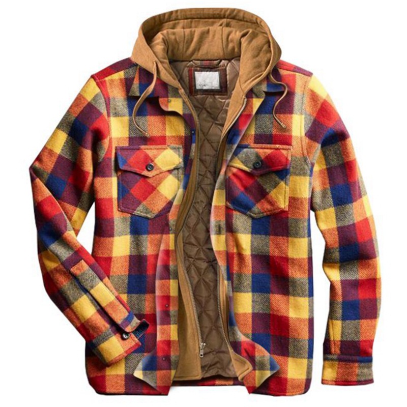 Ready to ship American and European men's cotton jacket winter plaid jacket long sleeve hooded cotton thickened loose false two-piece Hoodie jackets