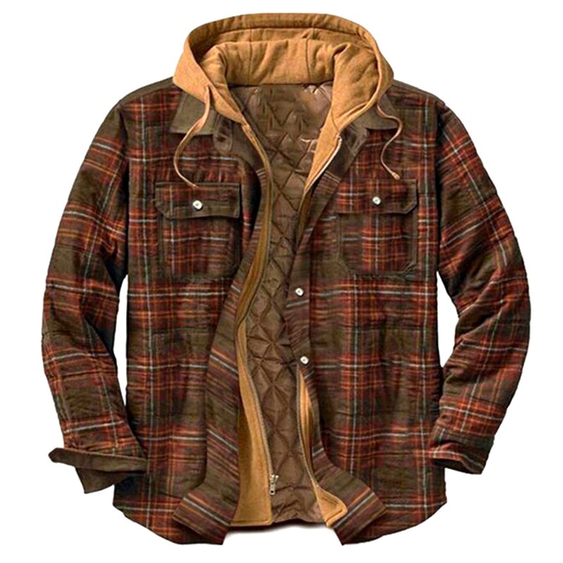 Ready to ship American and European men's cotton jacket winter plaid jacket long sleeve hooded cotton thickened loose false two-piece Hoodie jackets