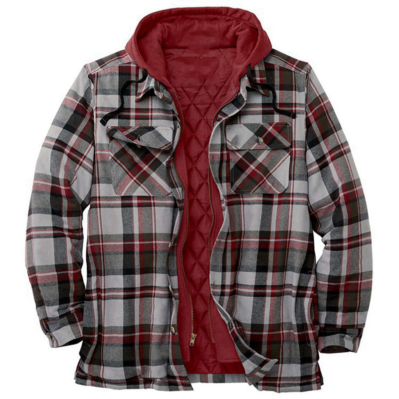 Ready to ship American and European men's cotton jacket winter plaid jacket long sleeve hooded cotton thickened loose false two-piece Hoodie jackets