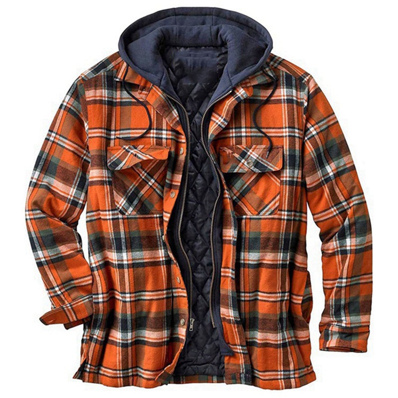 Ready to ship American and European men's cotton jacket winter plaid jacket long sleeve hooded cotton thickened loose false two-piece Hoodie jackets