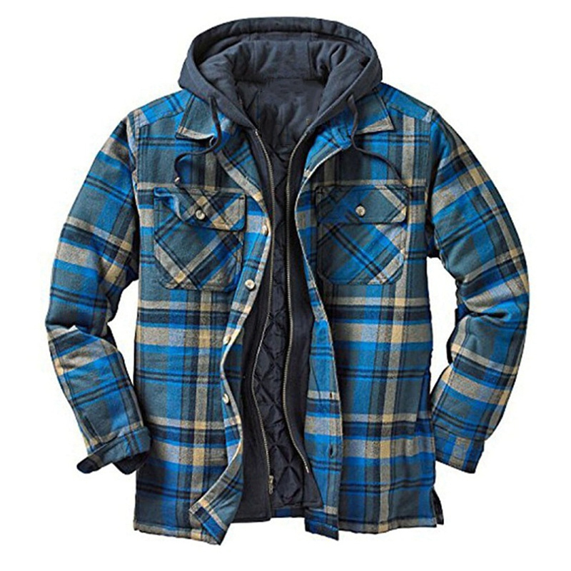 Ready to ship American and European men's cotton jacket winter plaid jacket long sleeve hooded cotton thickened loose false two-piece Hoodie jackets