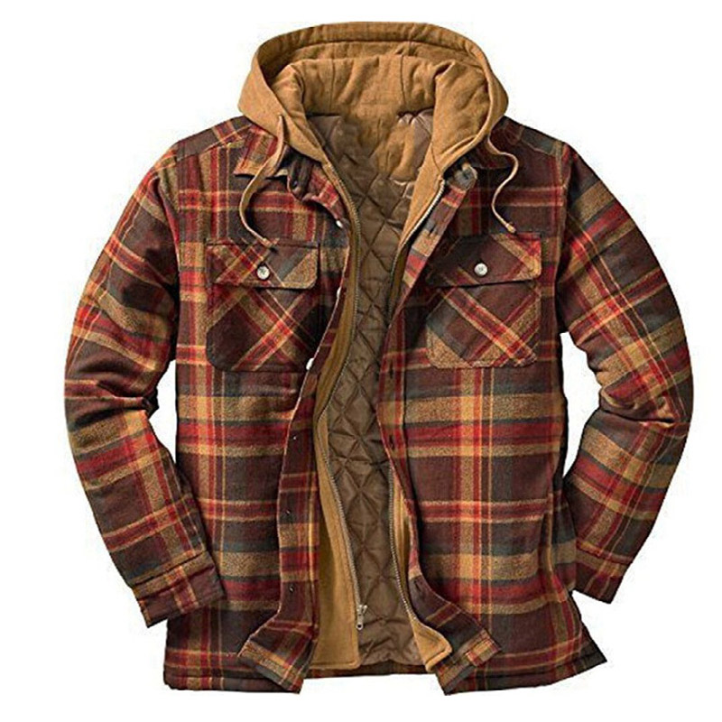 Ready to ship American and European men's cotton jacket winter plaid jacket long sleeve hooded cotton thickened loose false two-piece Hoodie jackets